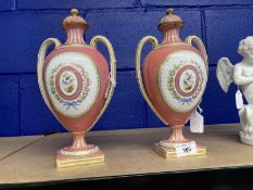 Mid 19th cent. Coalport vases and covers painted with small panels of colourful birds on branches,