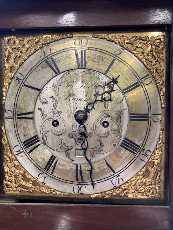 Clocks: Mid 18th cent. Longcase Thomas Hall Romsey Hampshire, brass silvered dial 10ins face, - Image 2 of 4