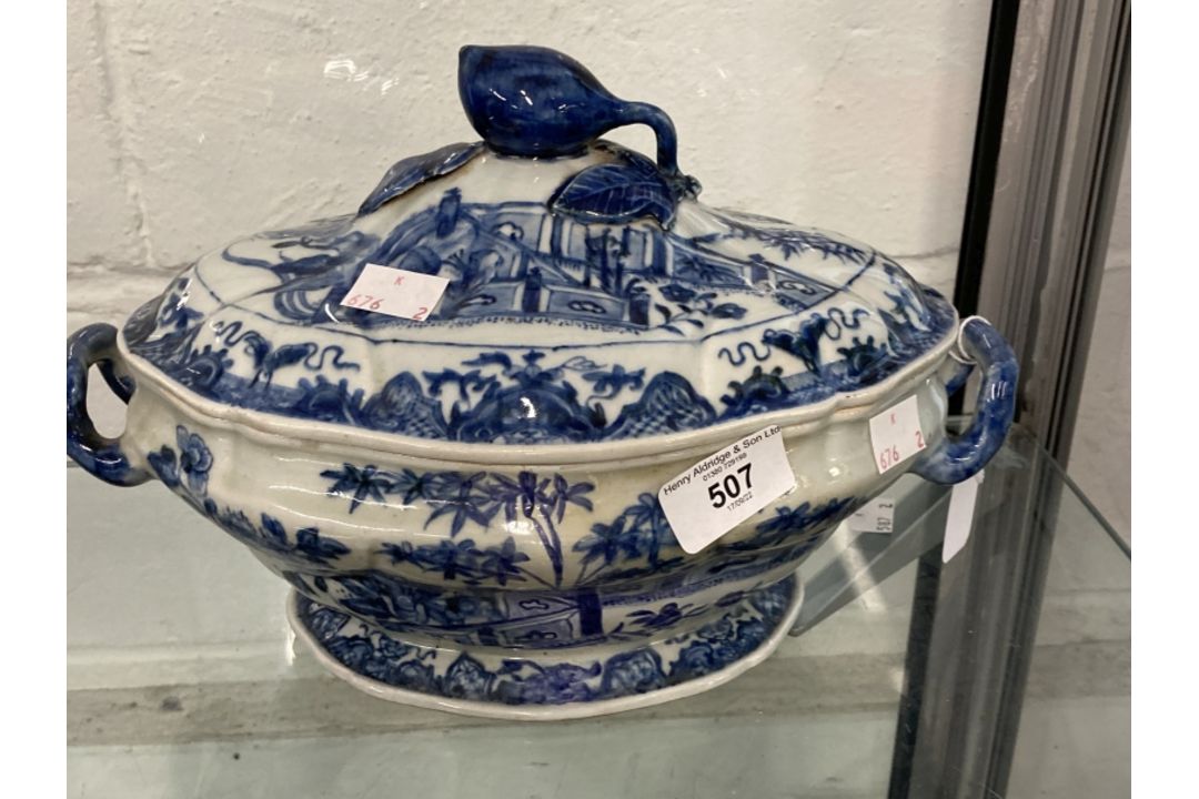 Chinese 18th cent. Blue and white porcelain shaped tureen and cover with a pomegranate handle to the - Image 1 of 4