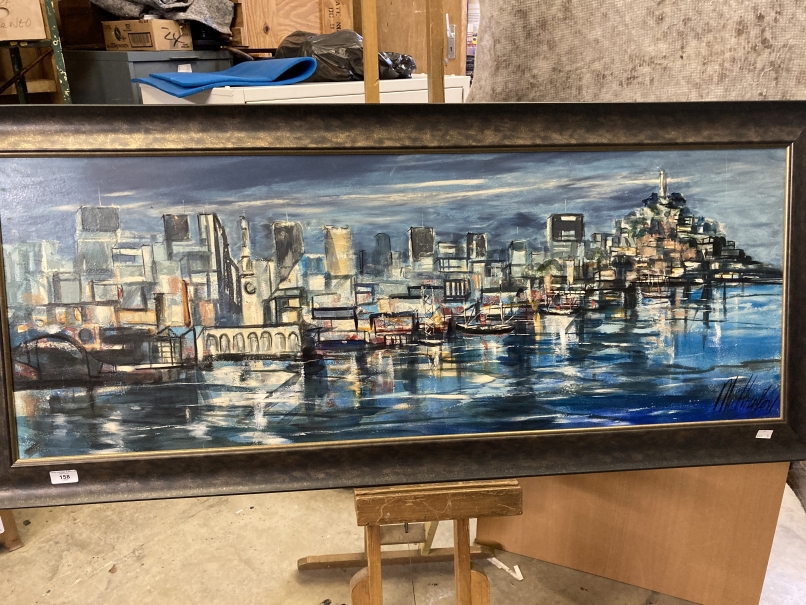 European School: Late 20th cent. Oil on board, city harbour scene at night, indistinct signature