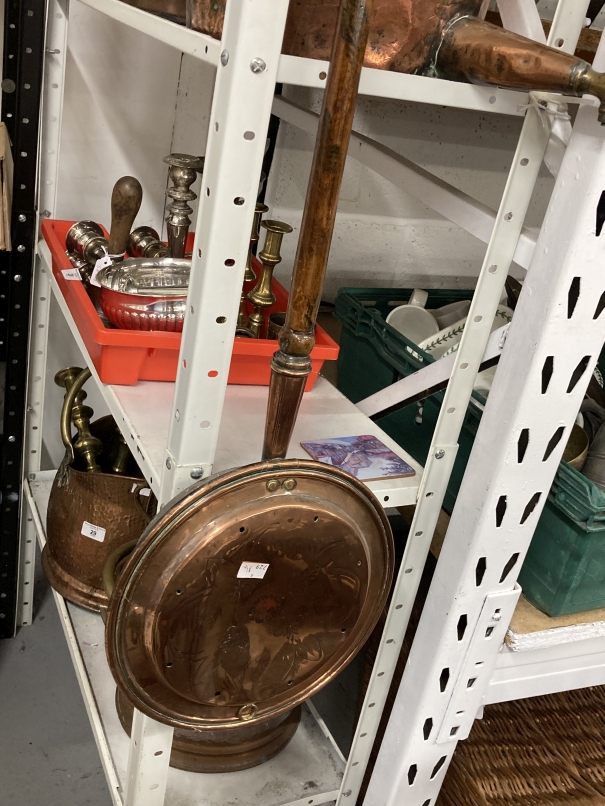 19th cent. Metalware: Copper pot with cast iron lid and handle, scuttle, copper kettle, a pair of - Image 7 of 7