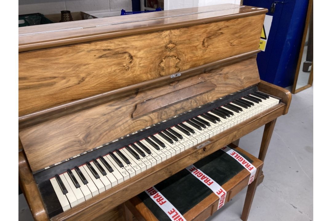Art Deco walnut iron framed, maker W H Barnes piano and later stool. - Image 2 of 2