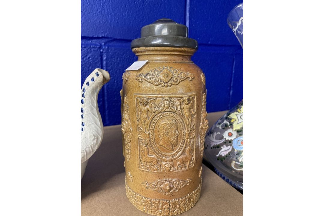 18th cent. German Rheinish salt glazed pewter mounted tobacco jar with a moulded scrollwork design - Image 3 of 4