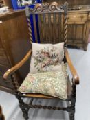 Early 20th cent. Harlequin set of five oak chairs, one armchair, two singles with leather seats, two