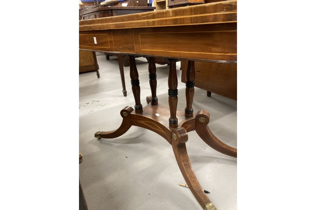 19th cent. Mahogany card table with boxwood inlay on four pillared supports with four splayed feet - Image 2 of 3