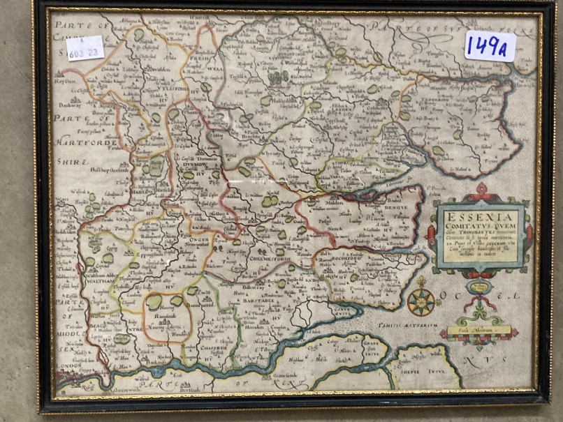 Antiquarian Maps: Early 17th cent. Hand coloured map of Essex, unknown cartographer, annotated in