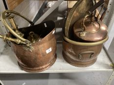 19th cent. & later copper and brassware includes helmet coal buckets x 2, kettle, candlesticks,