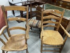 19th cent. Oak and elm bar back carver plus two others.