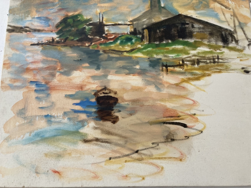 English School: 20th cent. Oil on canvas estuary scene, unsigned. 30ins. x 24ins. Plus four Linda - Image 2 of 5