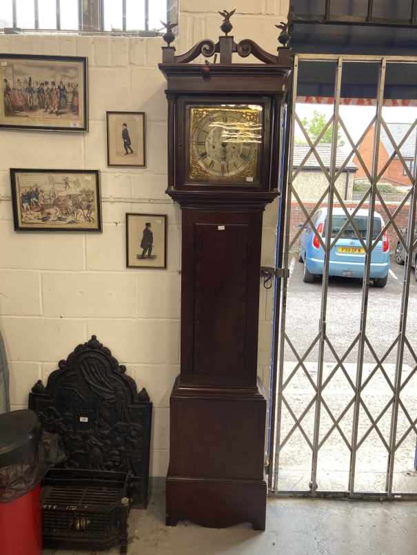 Clocks: Mid 18th cent. Longcase Thomas Hall Romsey Hampshire, brass silvered dial 10ins face,