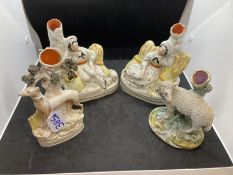 19th cent. Staffordshire flatbacks greyhound, seated lovers x 2, boccage sheep minus rear leg. (4).