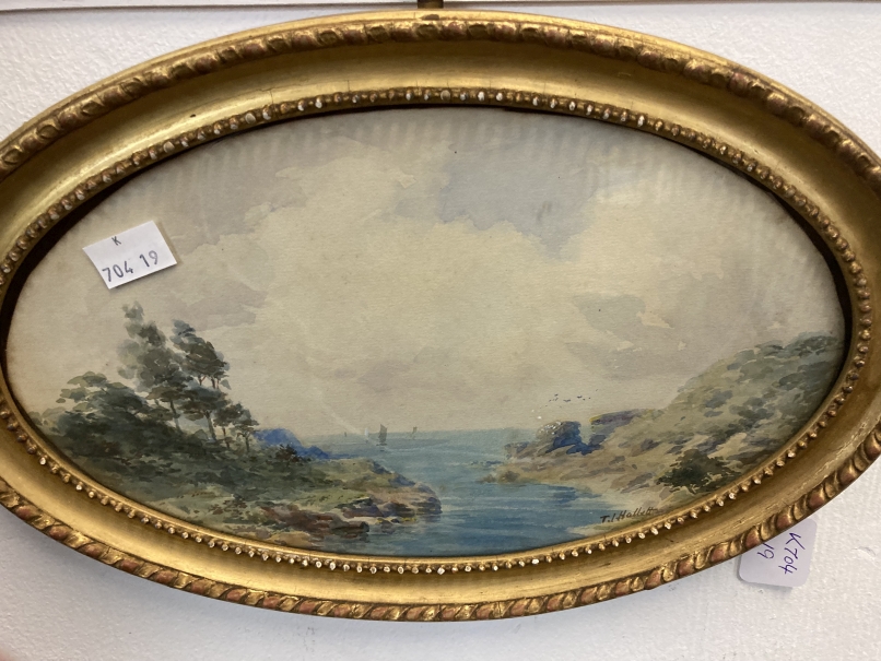 T.I. Hallett: 19th cent. Watercolours on paper, oval form, sailing boats in a coastal scene, both - Image 3 of 3