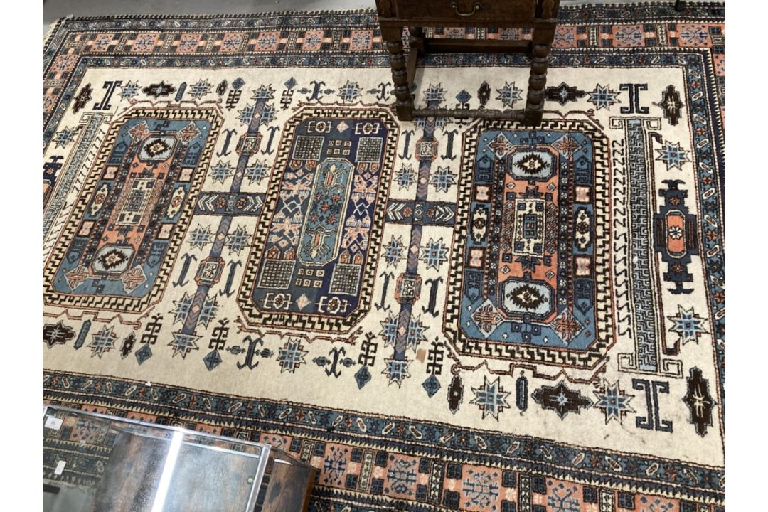 Carpets & Rugs: 19th cent. Caucasian carpet possibly Kazak. Ivory ground with three rectangular - Image 1 of 3