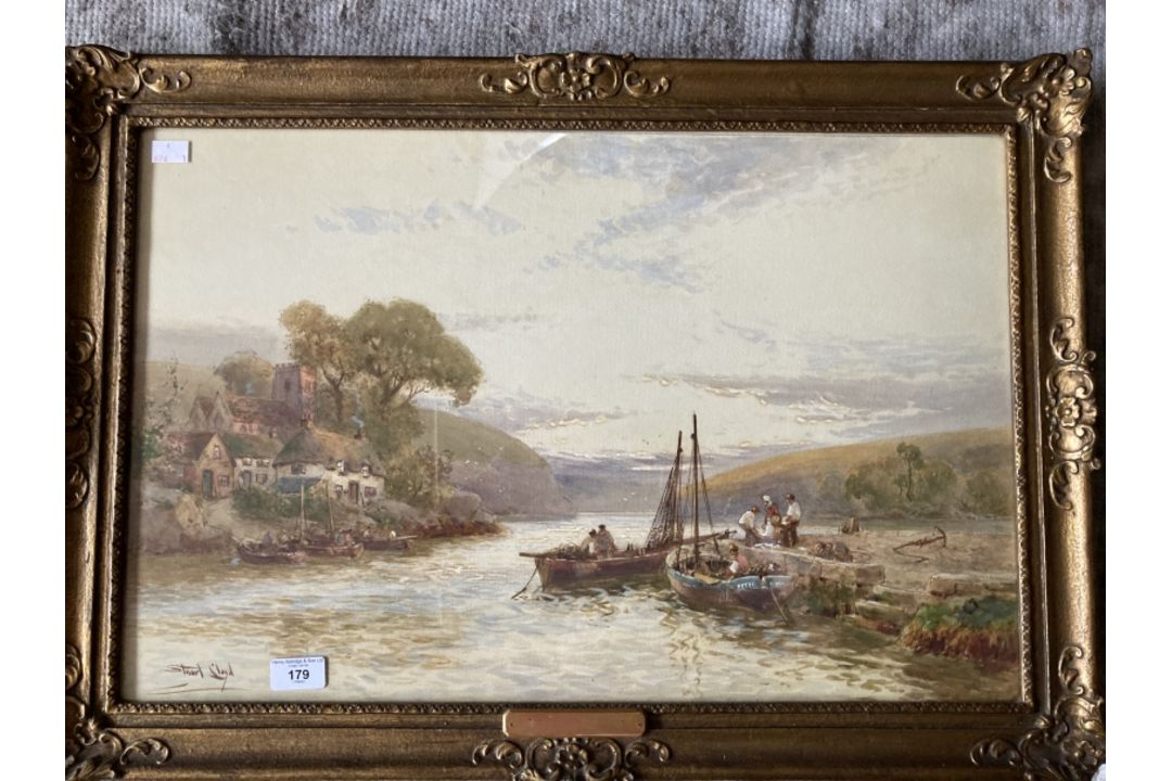 Walter Stuart Lloyd (1845-1959): Watercolour on paper, river landscape with figures and boats, - Image 1 of 4