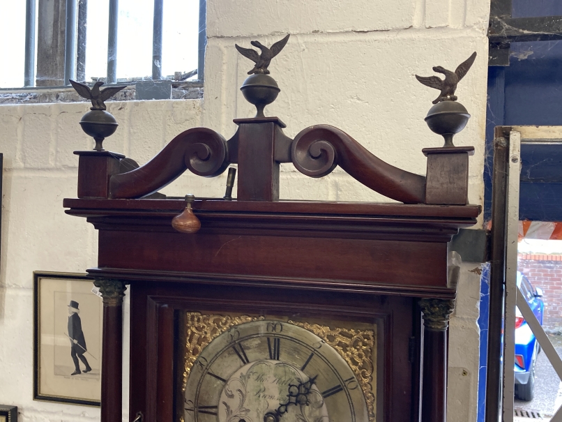 Clocks: Mid 18th cent. Longcase Thomas Hall Romsey Hampshire, brass silvered dial 10ins face, - Image 4 of 4