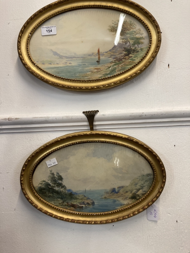 T.I. Hallett: 19th cent. Watercolours on paper, oval form, sailing boats in a coastal scene, both