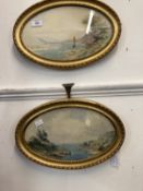 T.I. Hallett: 19th cent. Watercolours on paper, oval form, sailing boats in a coastal scene, both