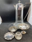 Late 19th cent. Silver plated claret jug by Robert Pringle & Sons, a small silver tazza, small