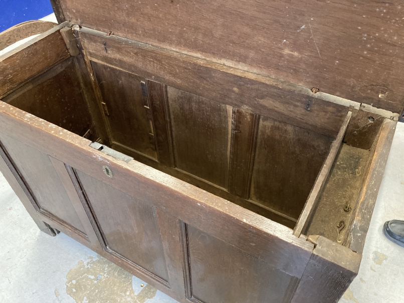 18th cent. Oak three panel coffer with candle box. 42ins. x 27½ins. x 18ins. - Image 3 of 3