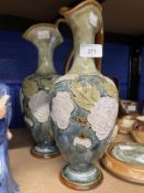 Royal Doulton c1925 Florrie Jones salt glaze lined ewers, chrysanthemums in pastel shades, pale