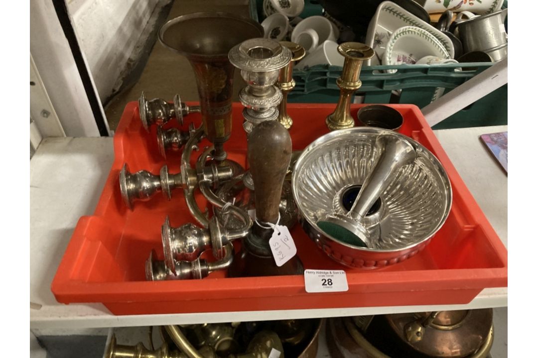 19th/20th cent. Brass and electroplate bowl, vase, salt, four branch candelabra, Benares brass, 19th