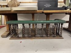 Early 20th cent. Oak barley twist fire surround with padded top, mixed brass fireside furniture.