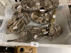 Platedware: Old Sheffield and other plate, chamber sticks with trimmers and tray, coaster, etc