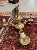 Lighting: Mid 20th cent. Solid cast brass three branch chandelier with scrolled arms. 17ins. high.