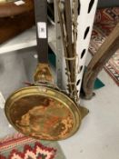 Agricultural Tools & Brassware: 19th cent. Scythe, brass bedpan, oil ladle and fire tools.