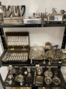 Silver Plate: Collection of items including coffee pots, candle holders, set of mother of pearl