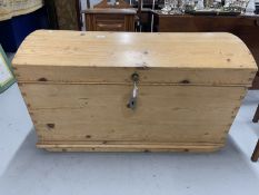 20th cent. Bow topped pine chest with candle box. 41ins. x 23ins. x 26ins.