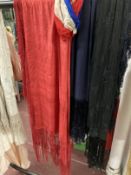 Ismay Archive: Fashion: Silk evening shawls, one bright red with deep lacework fringe, one black