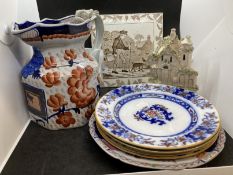 Ceramics: 19th cent Ironstone jug in typical reds and blues with dragon handle, impressed mark. 8¾