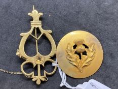 Scottish silver gilt kilt pins circular set with thistle plus another harp shaped set with a citrine