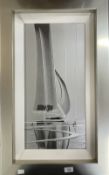 •Duncan MacGregor DMac (British 1961- ): Acrylic on board stylised study of a yacht on a mirrored