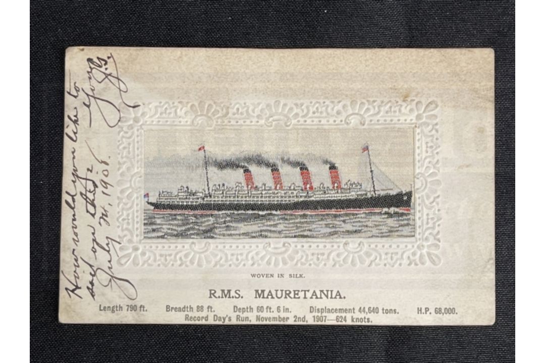 R.M.S. MAURETANIA: Unusual on board silk postcard, postally used Queenstown 1908.