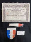 OCEAN LINER: Collection of Il De France and France items, plus share certificate.