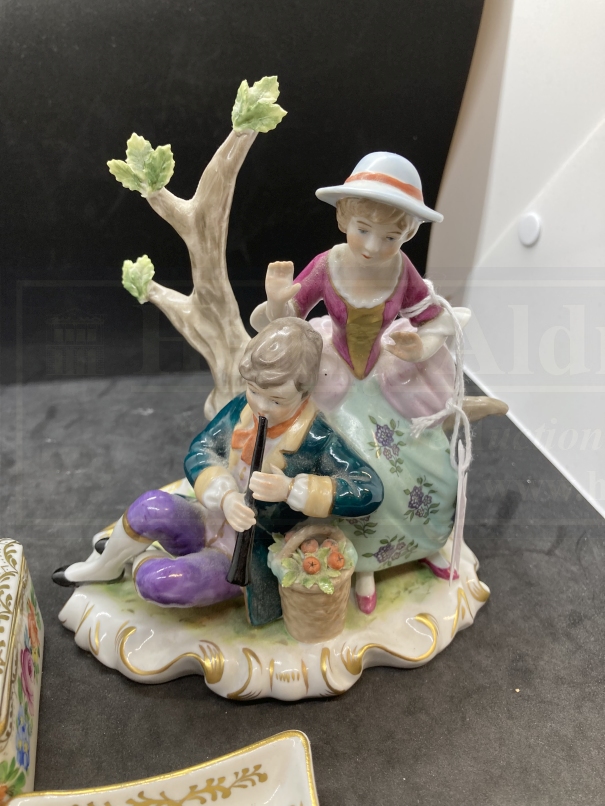 Ceramics: 20th cent. German porcelain Kister romantic couple sat by a tree, him playing the flute, - Image 2 of 4