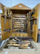 Early 20th cent. Oak tool cabinet with arched top, two doors, fitted inside with two small