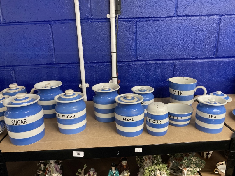 Ceramics: Banded T.G. Green canisters and kitchen ware including Sugar (green stamp), Granulated