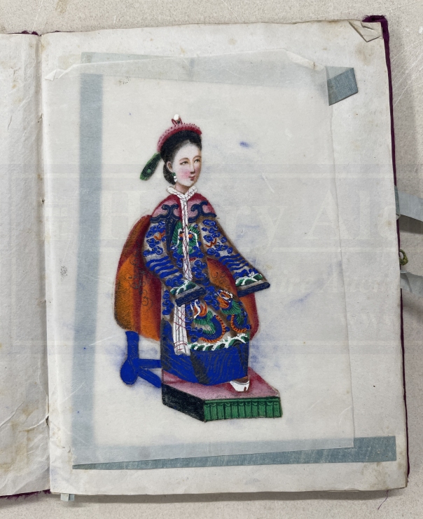 Chinese 19th cent. Album containing eleven watercolours of figures on pith paper, stamped Namshing - Image 2 of 6