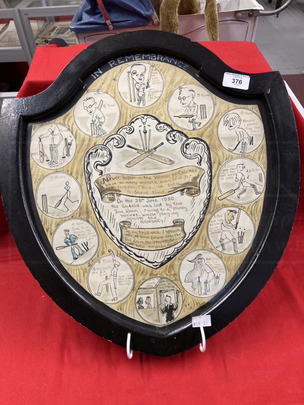 Cricket/Sporting: Unusual 1950s Club Cricket Memorial Shield 'On This Day 28th June 1950 The