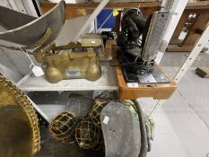 Metalwork: Helmet shaped coal scuttle, Singer sewing machine, set of Luxbell counter scales F.J.