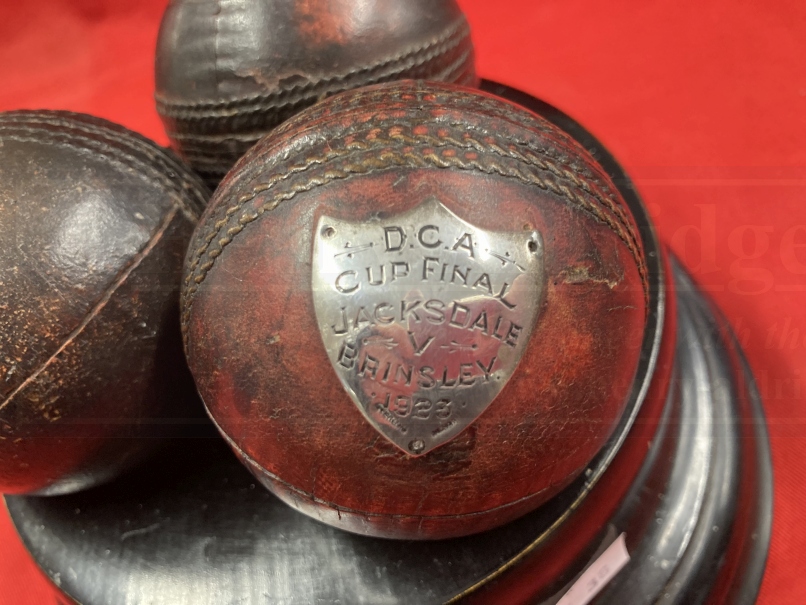 Cricket/Sporting: 1920s Nottingham/Derbyshire Cup Final Cricket Balls with white metal plaques ' - Image 3 of 3