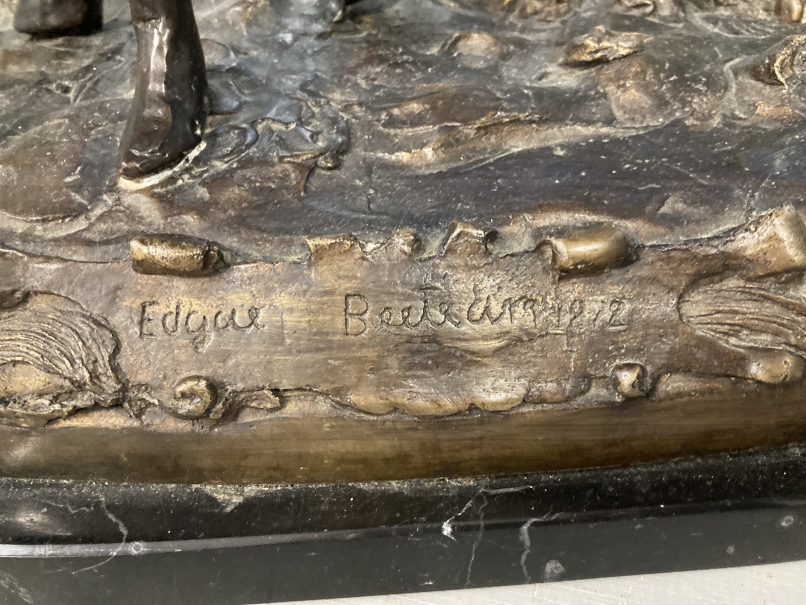 20th cent. Bronze figure of a racehorse and jockey on a marble base, signed and dated. 18½ins. - Image 2 of 2