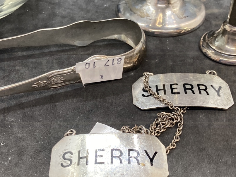 Hallmarked Silver: Two bud vases, sugar nips, decanter labels and perfume bottle, various hallmarks. - Image 3 of 3