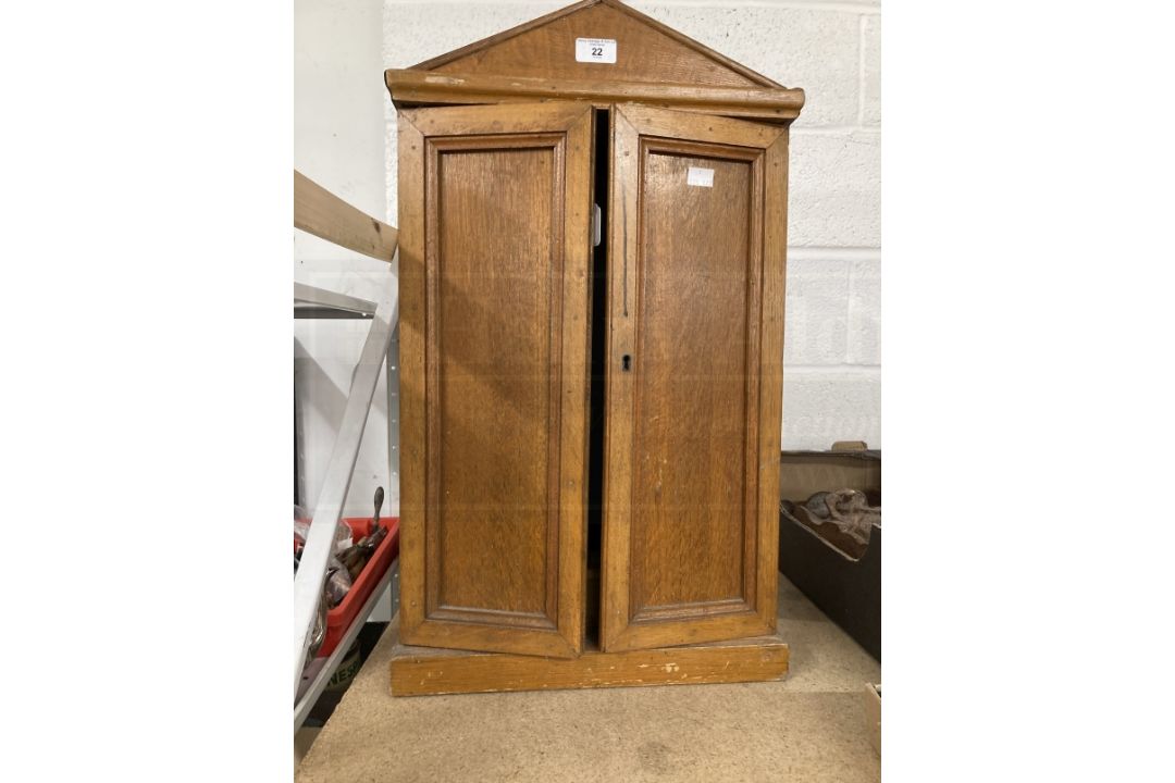 Early 20th cent. Oak tool cabinet with arched top, two doors, fitted inside with two small - Image 2 of 2
