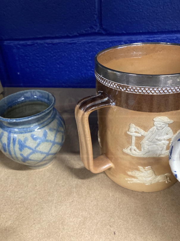 Ceramics: Royal Doulton silver rimmed three handled tankard, transfer printed mug with ships in - Image 4 of 4