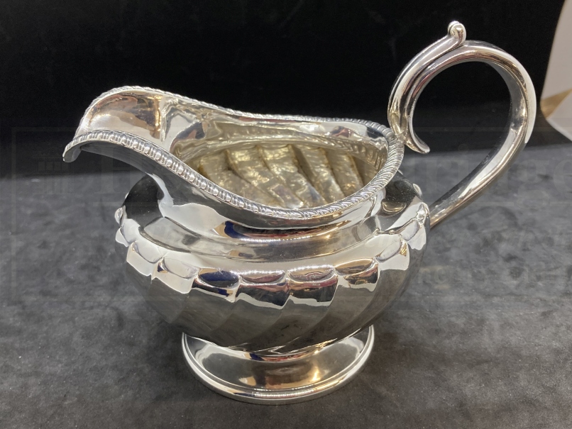 Hallmarked Silver: Georgian three piece tea set melon pattern body, gadroon border, C scroll handle. - Image 5 of 5