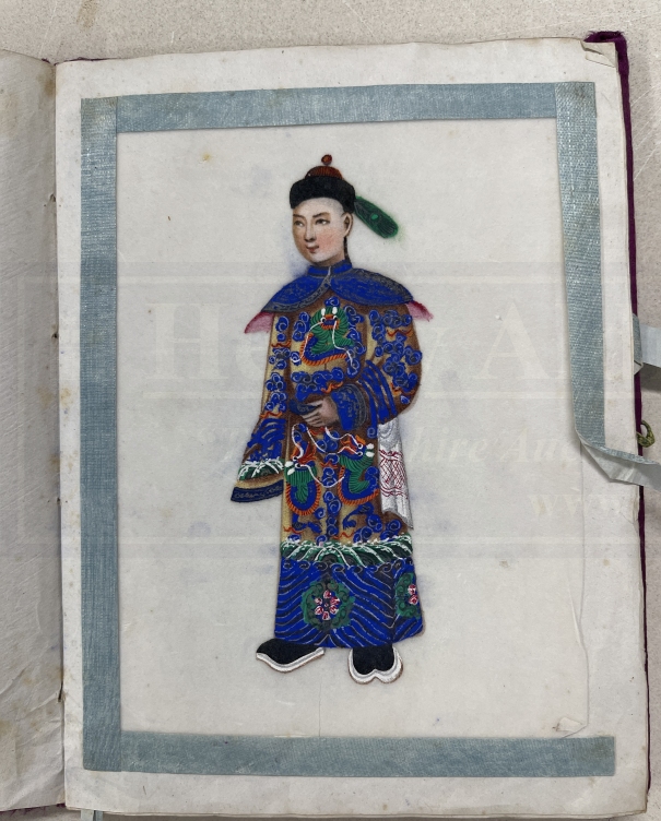 Chinese 19th cent. Album containing eleven watercolours of figures on pith paper, stamped Namshing - Image 3 of 6